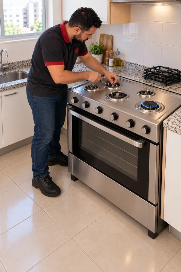Técnico fazendo a manutenção de um fogão