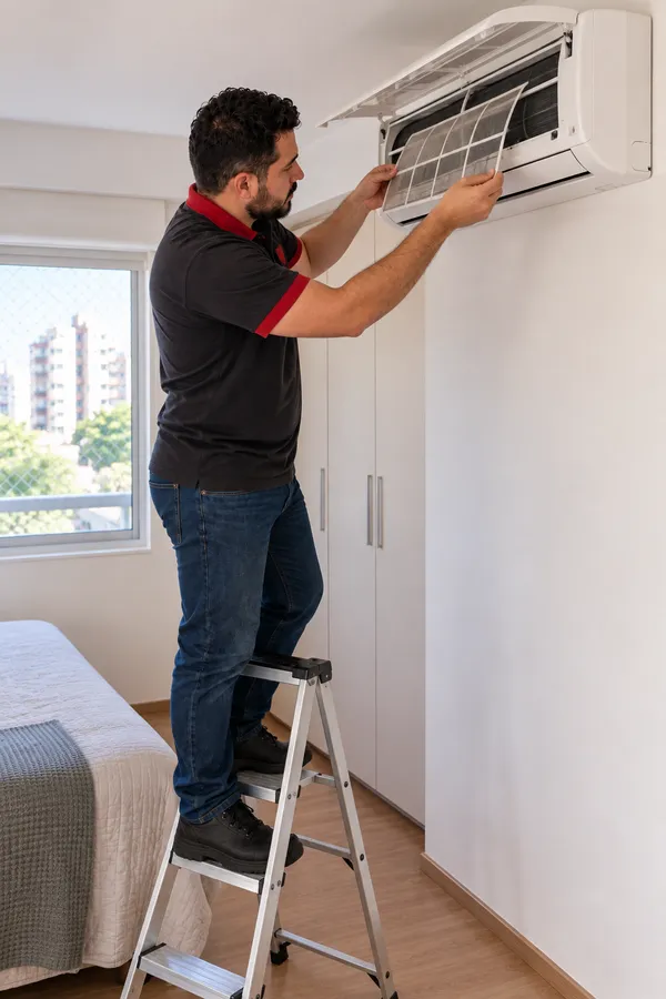 Técnico limpando um ar-condicionado split