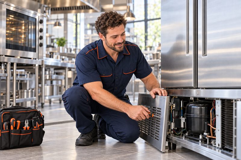 Técnicos consertando a porta de um freezer de uso comercial