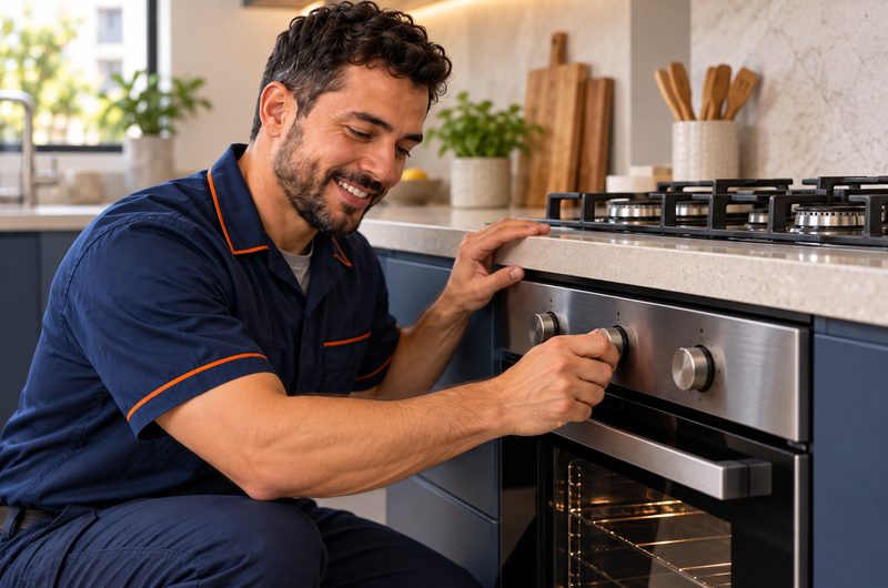 Painel de um forno elétrico de inox ao lado de um fogão