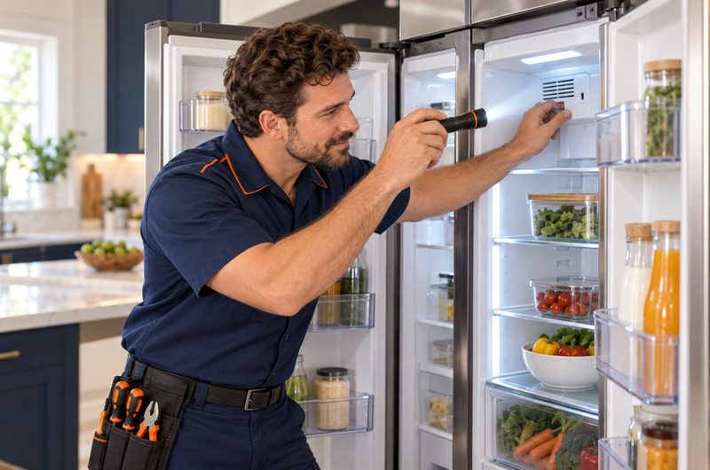Pessoa pegando alimentos em uma geladeira de inox aberta